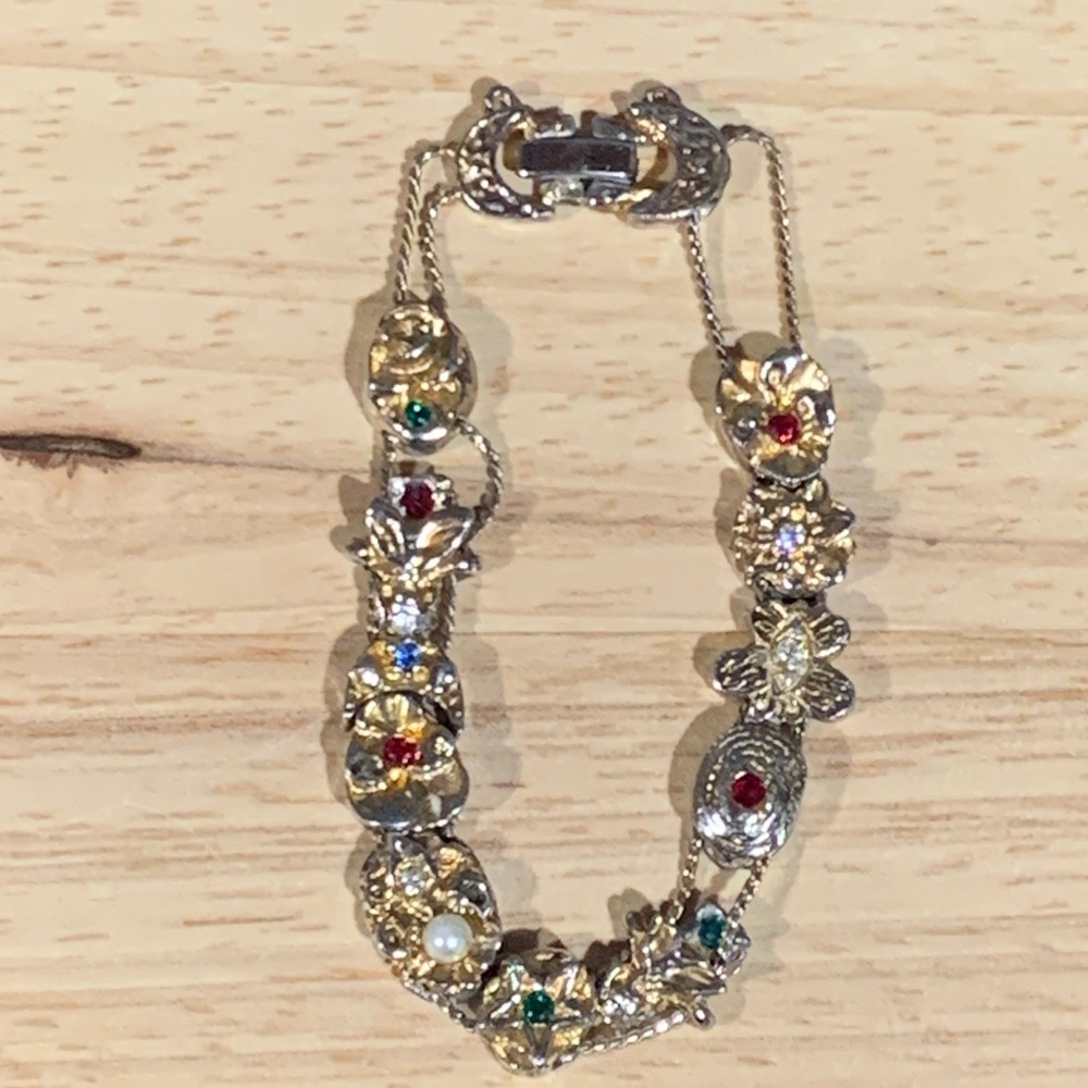 Vintage Floral Slide Bracelet Women Gold Tone Multi Color Rhinestone Faux Pearl